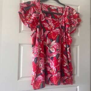 Chico's Floral Ruffle Sleeve Top - Red and Pink